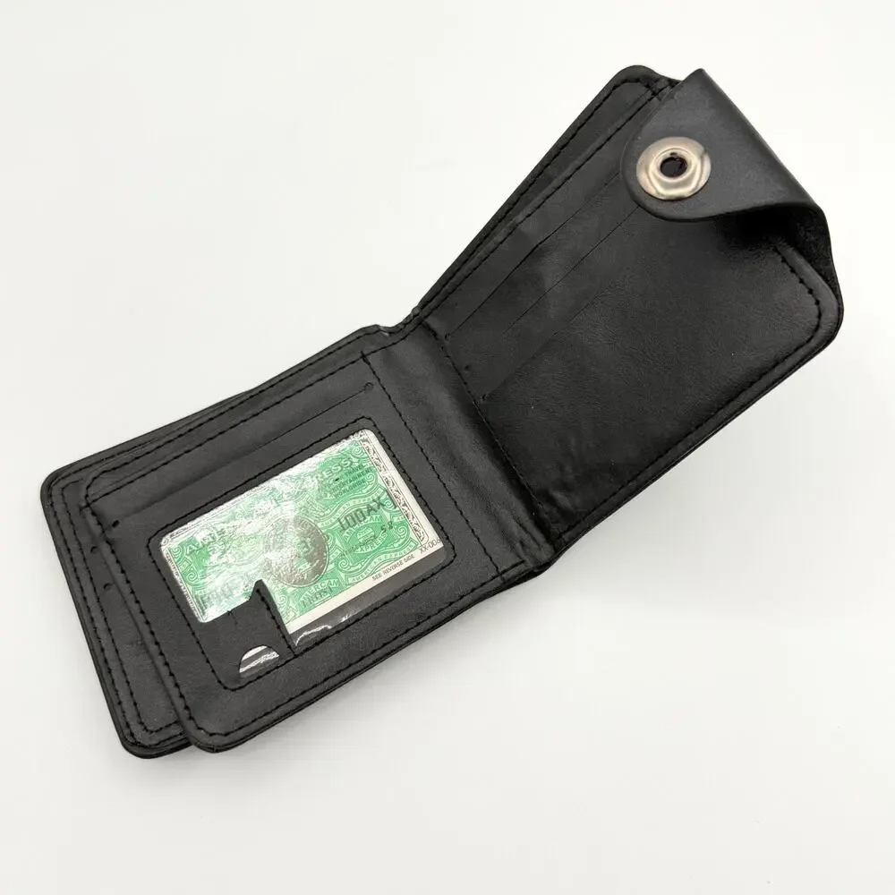 New Black $100 Bill Embossed Faux Leather Bifold Wallet Snap Closure ID Window